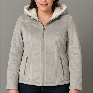 Weatherproof Gray Faux Shearling Lined Jacket Women's M Winter Zip Hoodie